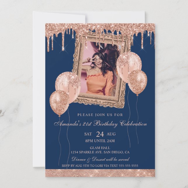 Rose Gold und Navy Glitzer Tropfen Foto Frame Einladung (Vorderseite)