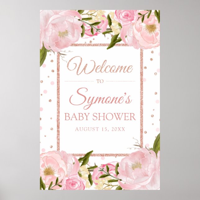 Rose Gold und Pink Peony Baby Dusche Begrüßungszei Poster (Vorne)
