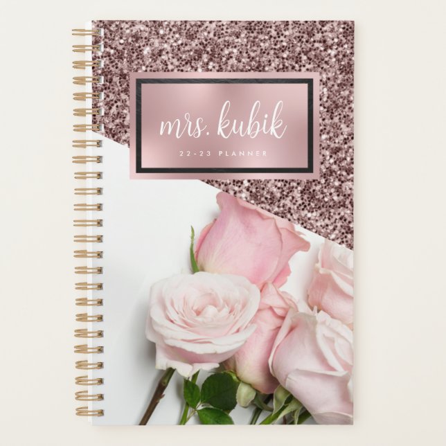 Rose Gold und Rosa Blume Lehrer Planer (Vorderseite)