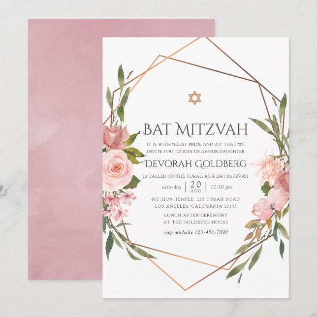 Rose Gold und Rosa Blütenbarsch Mitzvah Einladung (Vorne/Hinten)