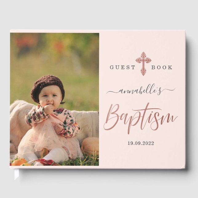 Rose Gold und Rosa Foto Girl Taufe Gästebuch (Vorderseite)