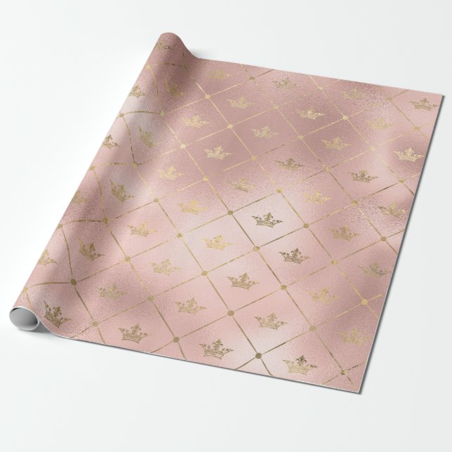 Rose Gold und Rosa Kronenmuster Geschenkpapier (Ungerollt)