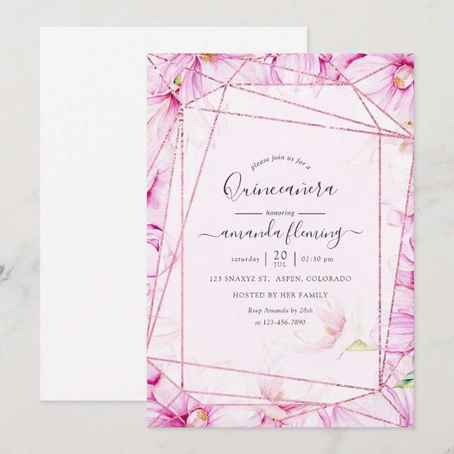 Rose Gold und Rosa Magnolia Geometric Quinceñera Einladung (Vorne/Hinten)