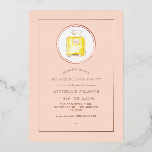 Rose Gold und Rosa Parfüm Bachelorette Folieneinladung (Vorderseite)