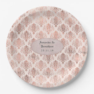 Rose Gold und Rosé Folie Damast Muster Hochzeit Pappteller
