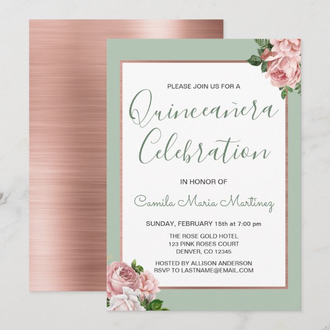 Rose Gold und Sage Floral Quinceñera Einladung (Vorne/Hinten)