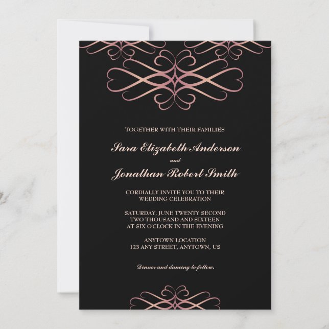 Rose Gold und Schwarz, elegante Schnörkel Hochzeit Einladung (Vorderseite)