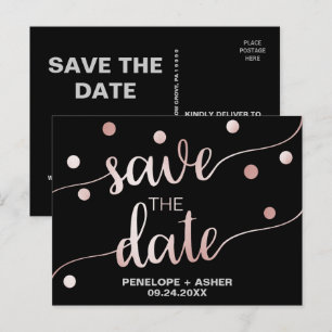 Rose Gold und Schwarz   Glam Confetti Save the Dat Ankündigungspostkarte