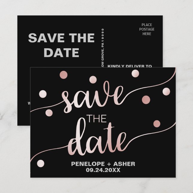 Rose Gold und Schwarz | Glam Confetti Save the Dat Ankündigungspostkarte (Vorne/Hinten)