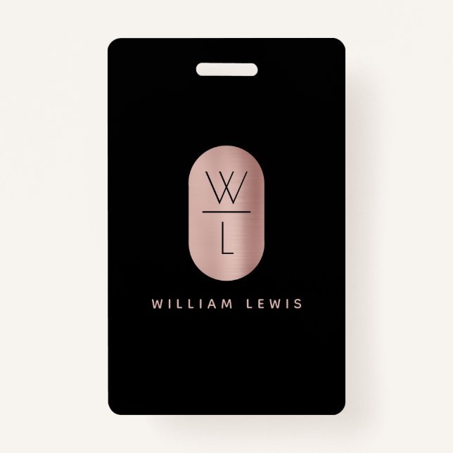 Rose Gold und Schwarz Monogramm Modernes Minimalis Ausweis (Vorderseite)