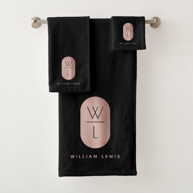 Rose Gold und Schwarz Monogramm Modernes Minimalis Badhandtuch Set (Insitu)