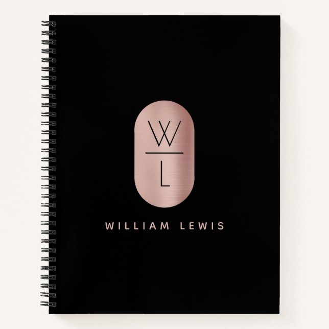 Rose Gold und Schwarz Monogramm Modernes Minimalis Notizbuch (Vorderseite)