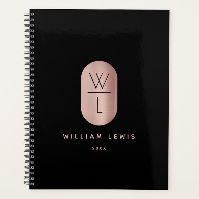 Rose Gold und Schwarz Monogramm Modernes Minimalis Planer (Vorderseite)