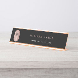 Rose Gold und Schwarz Monogramm Modernes Minimalis Schreibtischnamensplakette