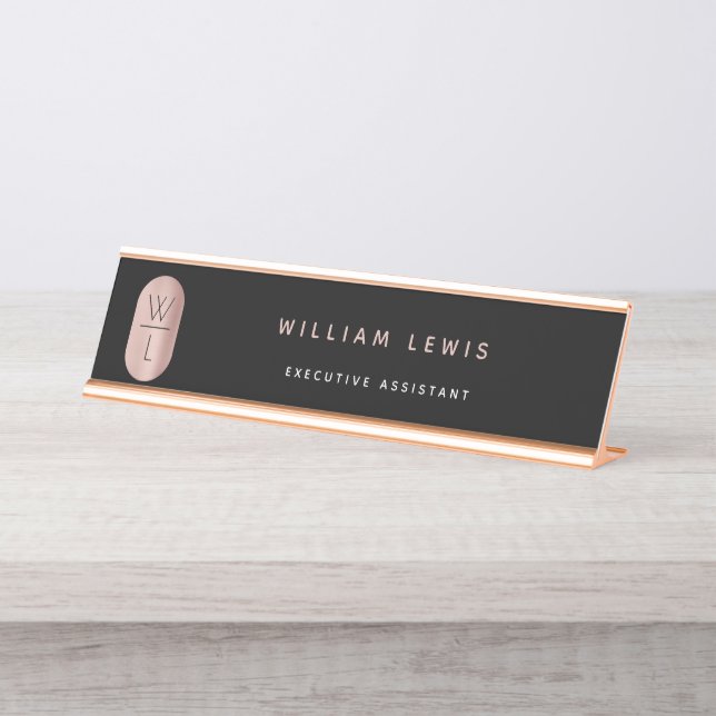 Rose Gold und Schwarz Monogramm Modernes Minimalis Schreibtischnamensplakette (Vorderseite )