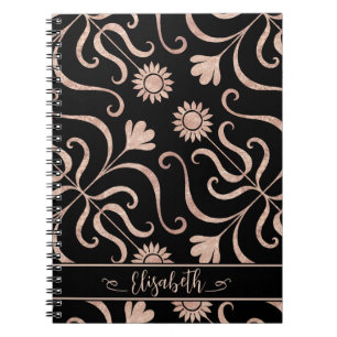 Rose Gold und schwarze Blumen Damaske Sonnenblume Notizblock