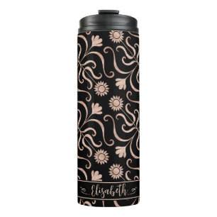 Rose Gold und Schwarze Flora Damaske Thermosbecher