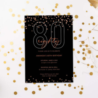Rose Gold und schwarzer Glitzer funkeln 80. Geburt Einladung