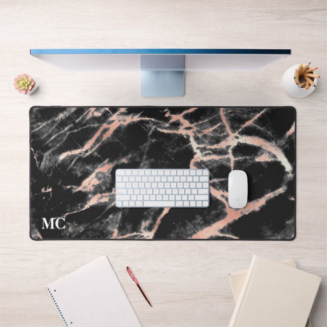 Rose Gold und schwarzer Marmor mit Monogramm Schreibtischunterlage (Büro 1)
