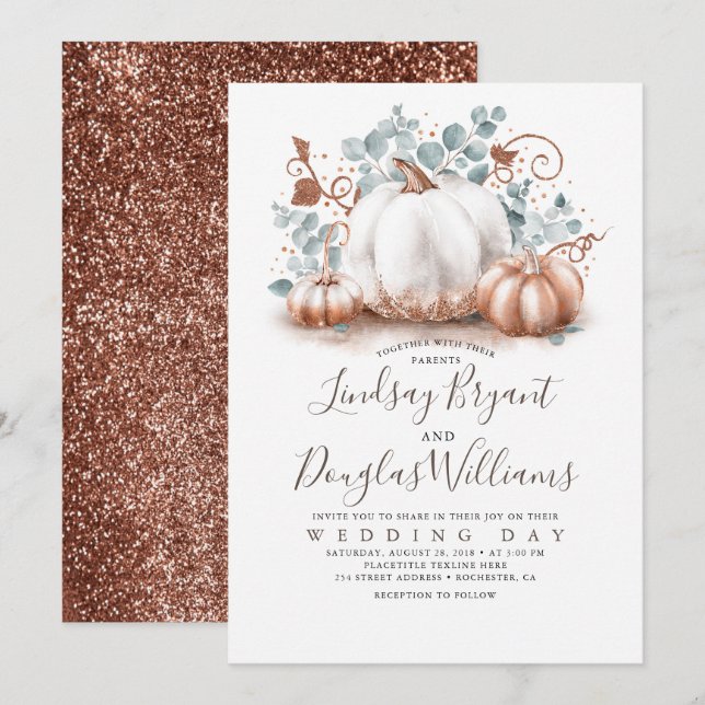 Rose Gold und weiße Pumpkins Rustikale Hochzeit im Einladung (Vorne/Hinten)