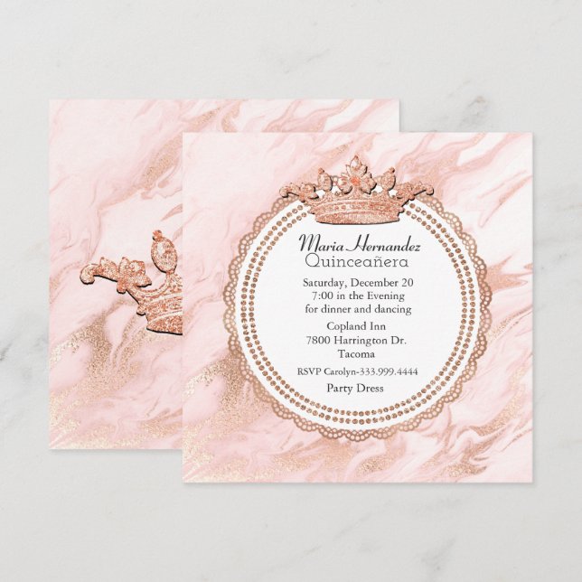 Rose Gold und Weißer Marmor Quinceanera Einladung (Vorne/Hinten)