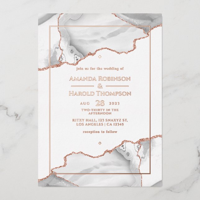 Rose Gold und White Agate Hochzeitsfoil Einladung (Vorderseite)