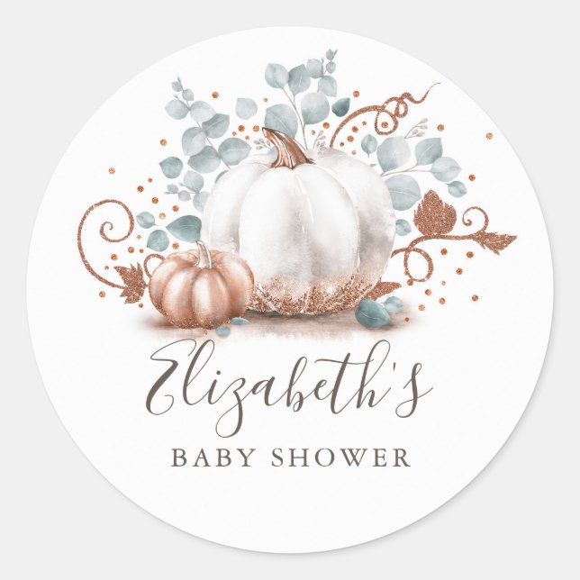 Rose Gold und White Pumpkin Fall Babydusche Runder Aufkleber (Vorderseite)