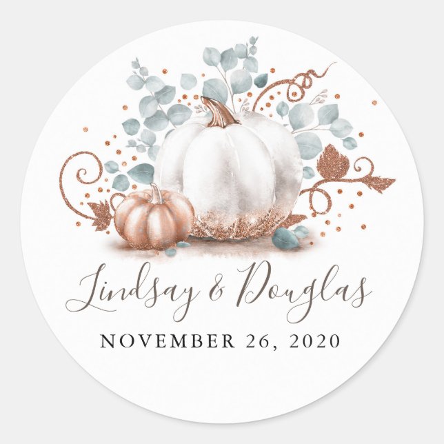 Rose Gold und White Pumpkin Hochzeit im Herbst Runder Aufkleber (Vorderseite)