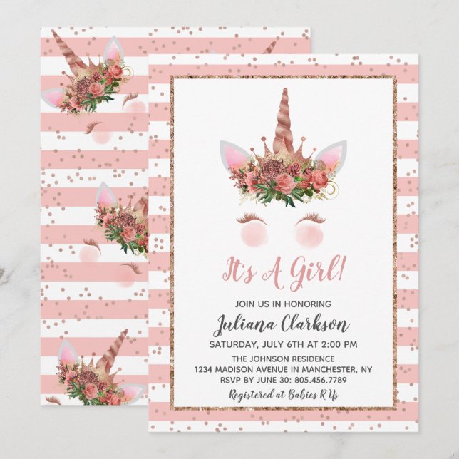 Rose Gold Unicorn Princess Baby Dusche Einladung (Vorne/Hinten)