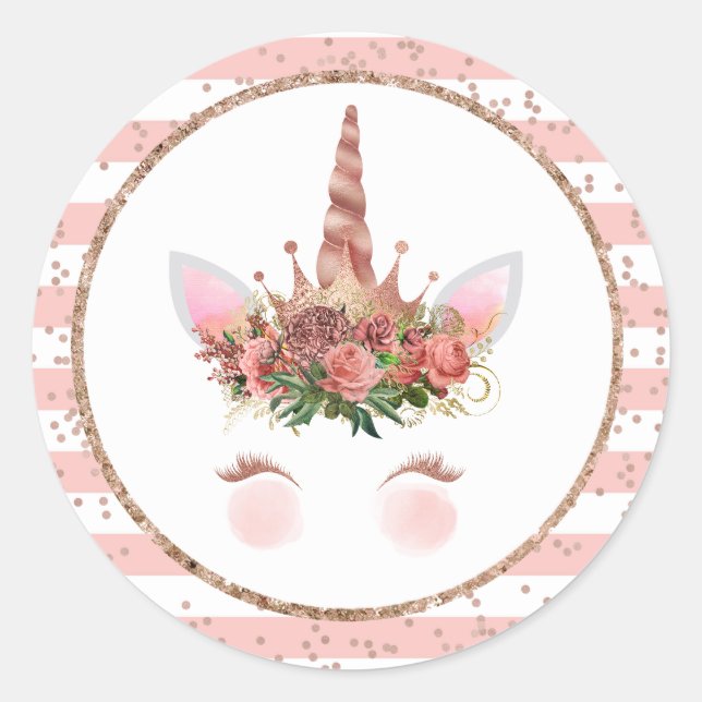 Rose Gold Unicorn Princess Runder Aufkleber (Vorderseite)