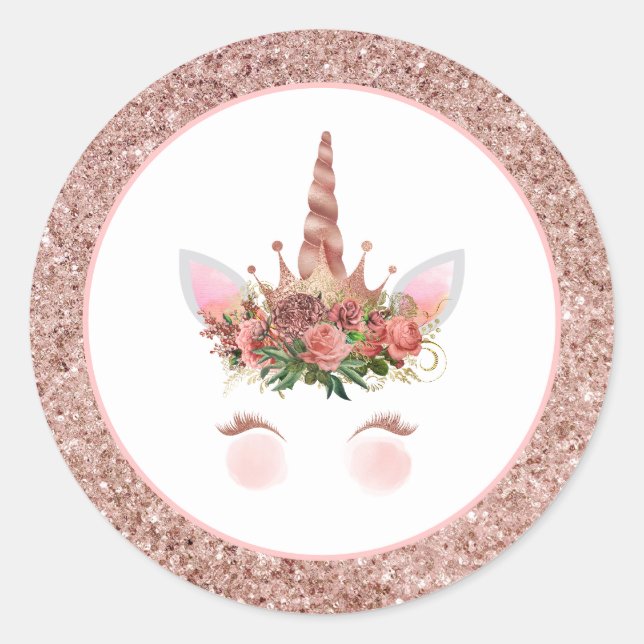 Rose Gold Unicorn Princess Runder Aufkleber (Vorderseite)