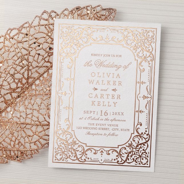 Rose Gold verziert romantische Hochzeit Folieneinladung (Rose gold elegant ornate romantic vintage wedding foil invitation)