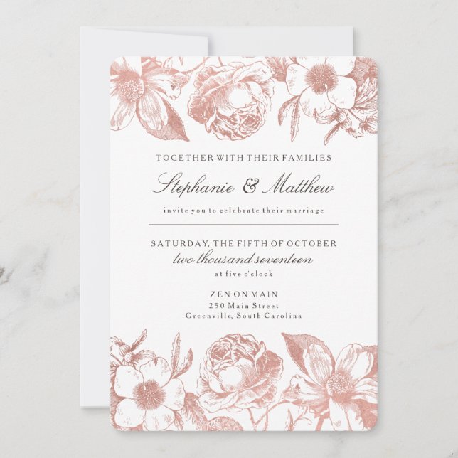Rose Gold Vintage Blumenhochzeit Einladung (Vorderseite)