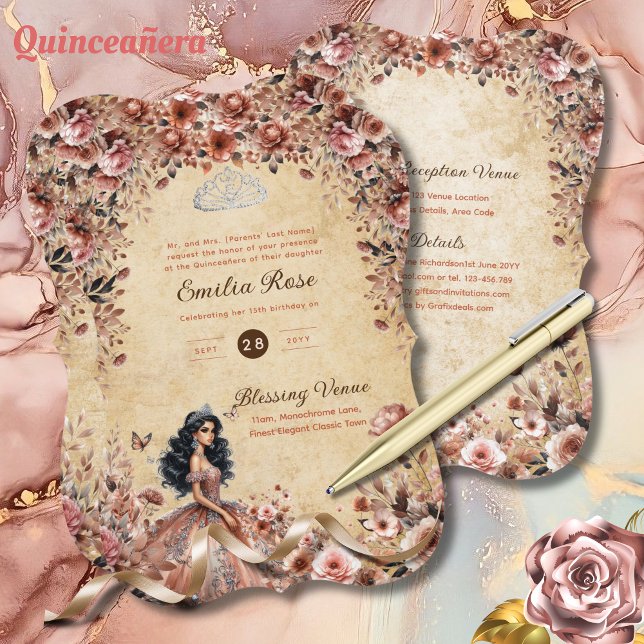 Rose Gold Vintage Quinceanera Kleidung Blumenstrau Einladung (Von Creator hochgeladen)
