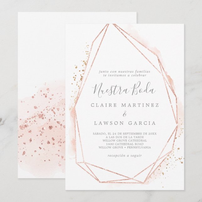 Rose Gold Wasserfarbe Geometrische Hochzeit Einladung (Vorne/Hinten)