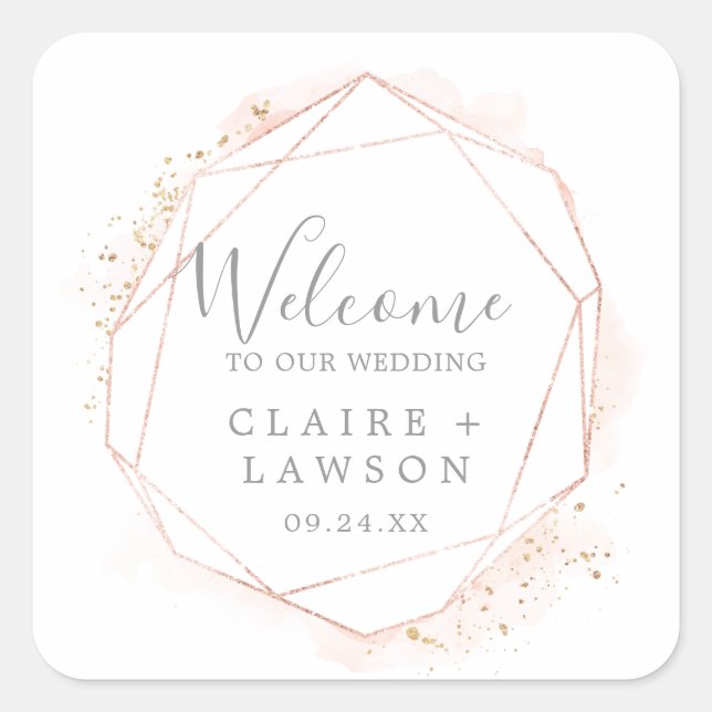 Rose Gold Wasserfarbe Geometrische Hochzeit Willko Quadratischer Aufkleber (Vorderseite)