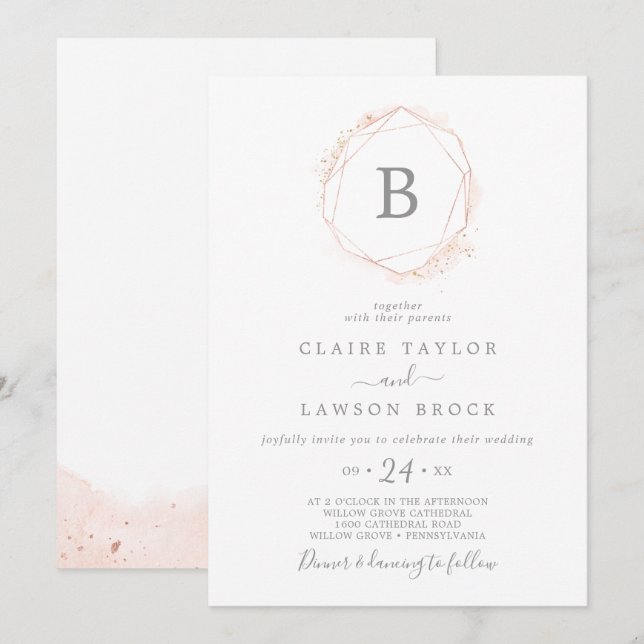Rose Gold Wasserfarbe Geometrische Monogramm Hochz Einladung (Vorne/Hinten)