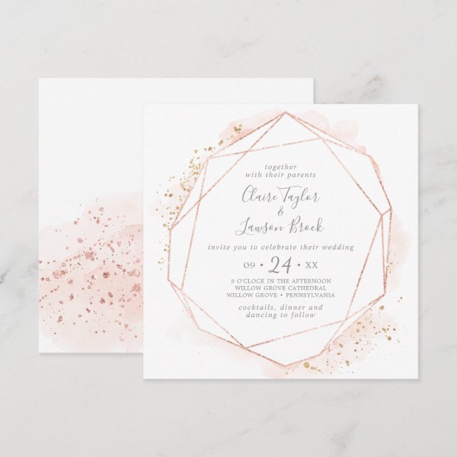Rose Gold Wasserfarbe Geometrische Square Hochzeit Einladung (Vorne/Hinten)