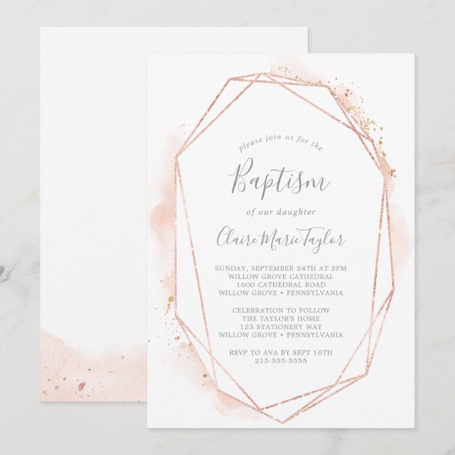 Rose Gold Wasserfarbe Geometrische Taufe Einladung (Vorne/Hinten)