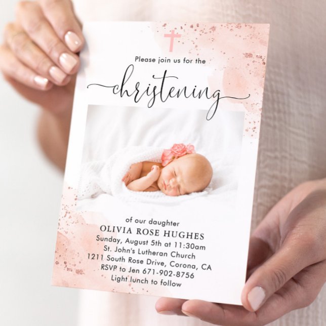 Rose Gold Watercolor Christening Taufe Einladung (Von Creator hochgeladen)
