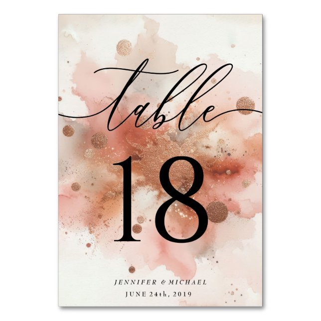 Rose Gold Watercolor Pink Hochzeitstisch Tischnummer (Vorderseite)