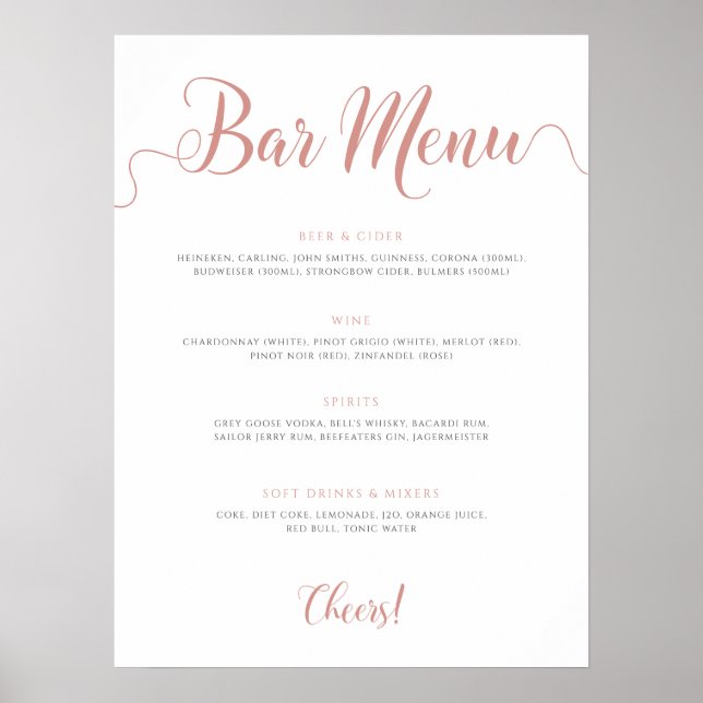 Rose Gold Wedding Bar Menu Poster (Vorne)