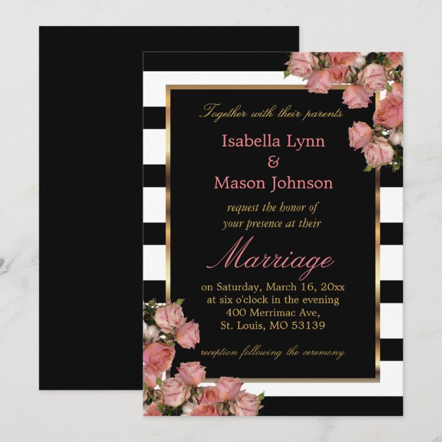 Rose Gold Wedding Black & White Stripe Einladung (Vorne/Hinten)