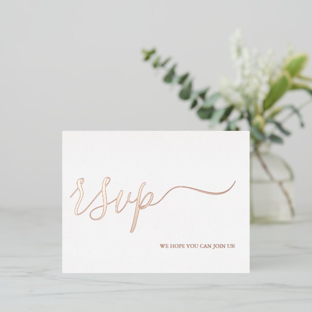Rose Gold Wedding RSVP Antwort Einfache Kalligraph Folie Einladungspostkarte (Stehend vorne)