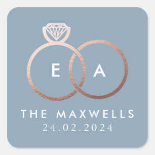 Rose Gold Wedelring Monogram Name Datum Blau Quadratischer Aufkleber