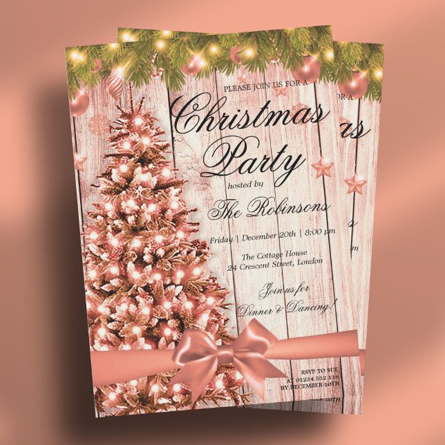 Rose Gold Weihnachts-Party | Weihnachtsbaum und Mu Einladung (Rose Gold Christmas Party | Xmas Tree & Ribbon Invitation)