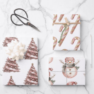 Rose Gold Weihnachtsbaum Candy Canes Snowman Geschenkpapier Set