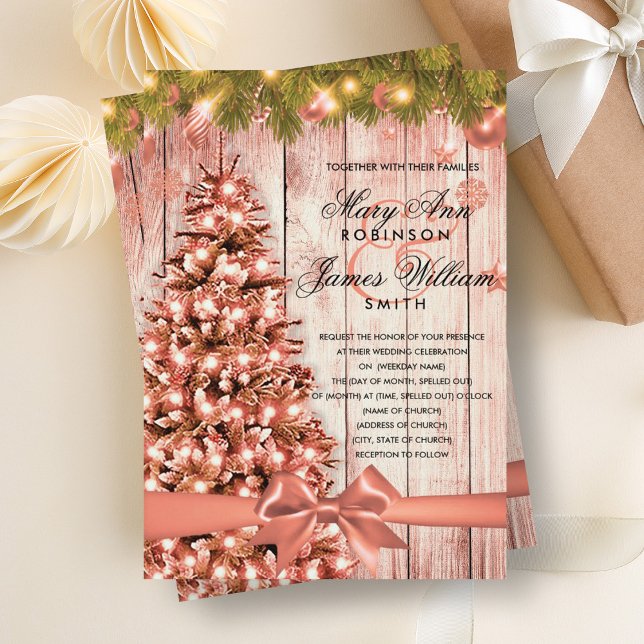 Rose Gold Weihnachtsbaum, Lichter & Band Einladung (Rose Gold Christmas Wedding Tree, Lights & Ribbon Invitation)