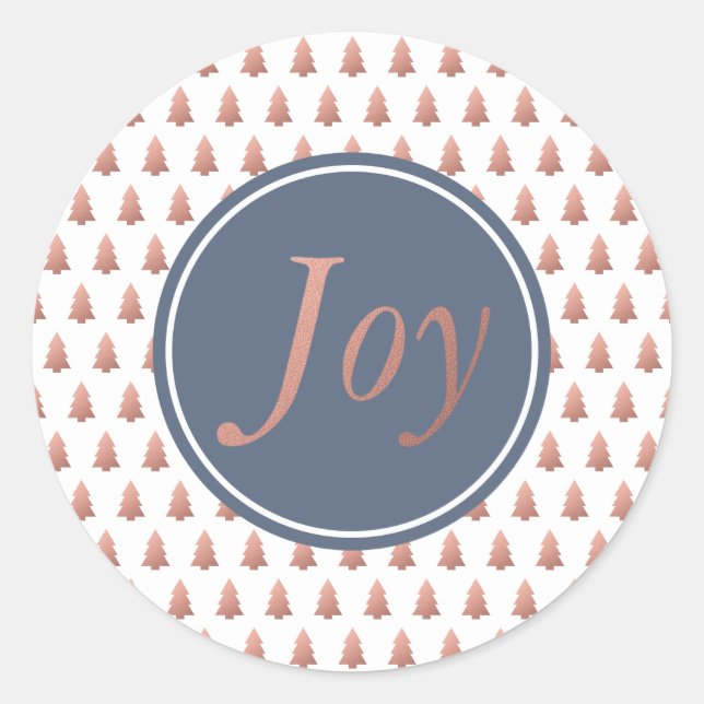 Rose Gold Weihnachtsbaum Muster Blau Runder Aufkleber (Vorderseite)