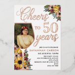 Rose Gold Weinglas Cheers bis 50 Jahre Foto Folieneinladung<br><div class="desc">Charmantes Rose Gold 50. Geburtstagsfeier Einladung mit der Kontur eines Weinglases in Rose Goldfolie bedruckt und gefüllt mit einem Foto des Geburtstagsgals. Feiert bis zu 50 Jahre in der Rose Goldtypografie und den Namen der Geburtstagsfrau auch in der Rose Goldfolie. Das Alter ist anpassbar, sodass es für jeden Erwachsenen Geburtstag...</div>